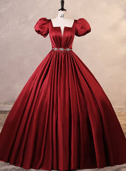 Burgundy Satin Short Sleeve Puff Sleeve Quinceanera Dress