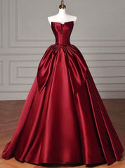 Burgundy Satin Strapless Bow Prom Dress