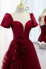 Burgundy Satin Tulle Long Prom Dress, A-Line Short Sleeve Evening Party Dress