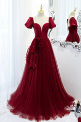 Burgundy Satin Tulle Long Prom Dress, A-Line Short Sleeve Evening Party Dress