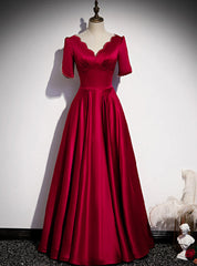 Burgundy Satin V-neck Pearls Prom Dress