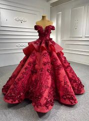 Burgundy Sequins Off the Shoulder 3D Flower Floor Length Prom Dress