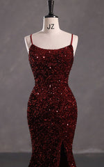 Slim Burgundy Shimmery Open Back Formal Prom Evening Dress