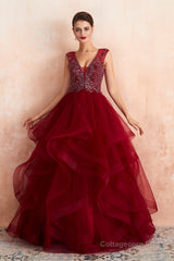 Burgundy Sleeveless Aline Puffy Tulle Prom Dresses with Sequins