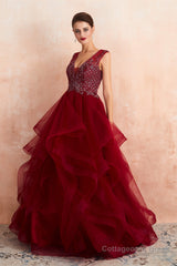 Burgundy Sleeveless Aline Puffy Tulle Prom Dresses with Sequins