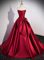 Burgundy Strapless Satin Bow Prom Dress