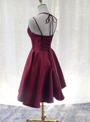 Burgundy Straps V-neckline Short Party Dress , Lovely Satin Homecoming Dress