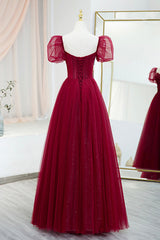 Burgundy Tulle Beaded Long Prom Dress, A-Line Short Sleeve Evening Dress