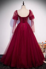 Burgundy Tulle Beaded Long Sleeve Prom Dress, A-Line Evening Graduation Dress