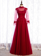 Burgundy Tulle High Neck Long Sleeve Backless Prom Dress