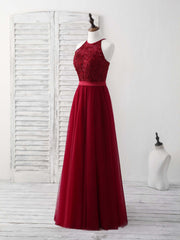 Burgundy Tulle Lace Long Prom Dress, Burgundy Bridesmaid Dress