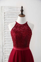 Burgundy Tulle Lace Long Prom Dress, Burgundy Bridesmaid Dress