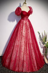 Burgundy Tulle Long Prom Dress with Sequins, A-Line Short Sleeve Evening Dress