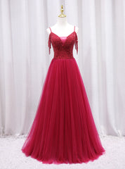 Burgundy Tulle Spaghetti Straps Beading Prom Dresss