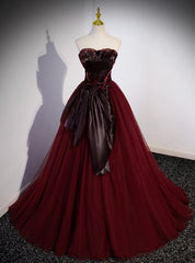 Burgundy Tulle Strapless Pleats Bow Prom Dress