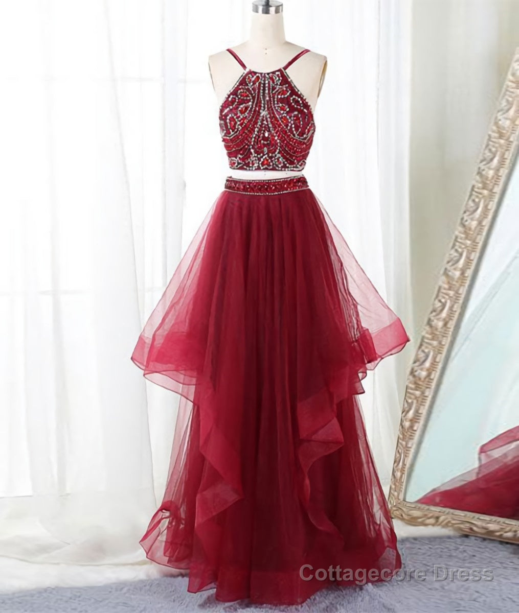 Burgundy two pieces beads long prom dress, burgundy evening dress