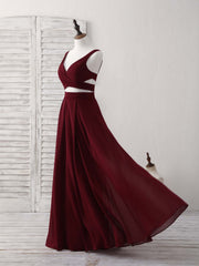 Burgundy Two Pieces Chiffon Long Prom Dress, Evening Dress