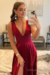 Burgundy V Neck Backless Long Prom Dress with Lace