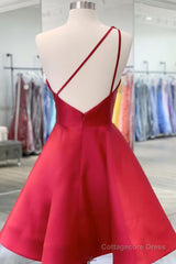 Burgundy v neck satin short prom dress one shoulder cocktail dress