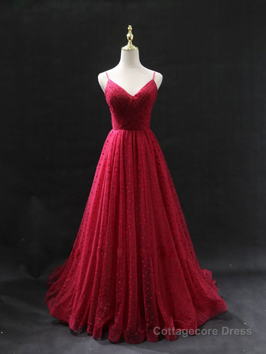 Burgundy v  neck tulle long prom dress, burgundy tulle formal dress