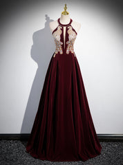 Burgundy Velvet Halter Beading Sequins Prom Dress