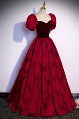 Burgundy Velvet Long A-Line Prom Dress, Burgundy Short Sleeve Evening Dress