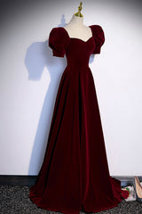 Burgundy Velvet Long A-Line Prom Dress, Simple Short Sleeve Party Dress