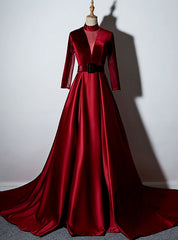 Burgundy Velvet Long Sleeve High Neck See Through Back Prom Dress