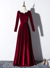 Burgundy Velvet Long Sleeve Square Prom Dress