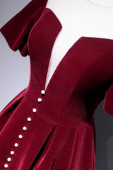 Burgundy Velvet Short Prom Dress, Cute A-Line Party Dress