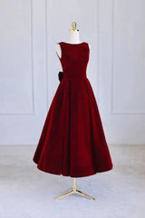 Burgundy Velvet Tea Length Prom Dress, A-Line Party Dress with Bow