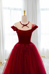 Burgundy Velvet Tulle Floor Length Prom Dress, Lovely Evening Party Dress