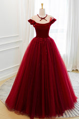 Burgundy Velvet Tulle Floor Length Prom Dress, Lovely Evening Party Dress