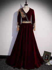 Burgundy Velvet V-neck Long Sleeve Gold Beading Prom Dress