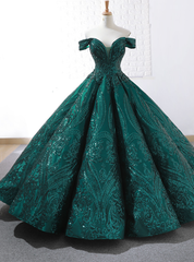 Buy The Newest Dark Green Sequins Ball Gown Off The Shoulder Prom Dress