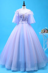 Buy The Newest Purple Ball Gown Tulle Backless See Through V-neck Appliques Quinceanera Dress