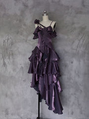 Dark Purple Asymmetrical Layered Flounce Spaghetti Strap Dress Evening Gown