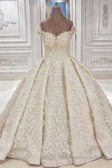 Cap sleeves Off the shoulder Lace Appliques Ball Gown Wedding Dress