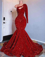 Red Sequined Black Girls Mermaid Prom Dresses 2025 Plus Size One Shoulder Long Sleeve Sequined Keyhole Prom Gowns