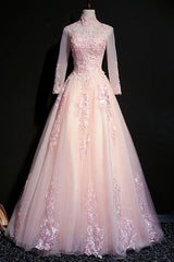 Pink Tulle Beaded Long Lace Applique Formal Prom Dress, Evening Dress, With Sleeve