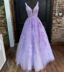 Purple Lace Long A Line Prom Dress, Evening Dress