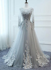 Grey Long Sleeves V Neckline Tulle Prom Dress, A Line Floor Length Party Dress