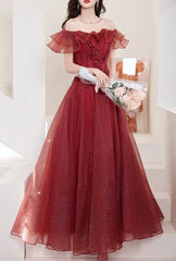 Burgundy Tulle Long A Line Prom Dress Evening Dress