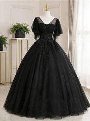 Ball Gown Luxurious Floral Quinceanera Prom Dress, Scoop Neck Short Sleeve Floor Length Tulle With Pleats Embroidery