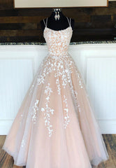 A-Line Long Lace Prom Dress, Cute Lace-Up Evening Dress