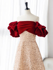 Champagne A-Line velvet Long Prom Dress, Champagne Tulle Sequin Long Formal Dress