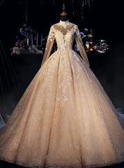 Champagne Ball Gown High Neck Long Sleeve Wedding Dress With Long Train