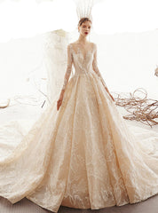 Champagne Ball Gown Lace Long Sleeve Beading Wedding Dress With Long Train