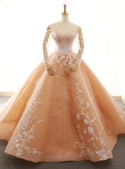 Champagne Ball Gown Off The Shoulder Long Sleeve Wedding Dress