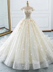 Champagne Ball Gown Off The Shoulder Tulle Sequins Wedding Dress